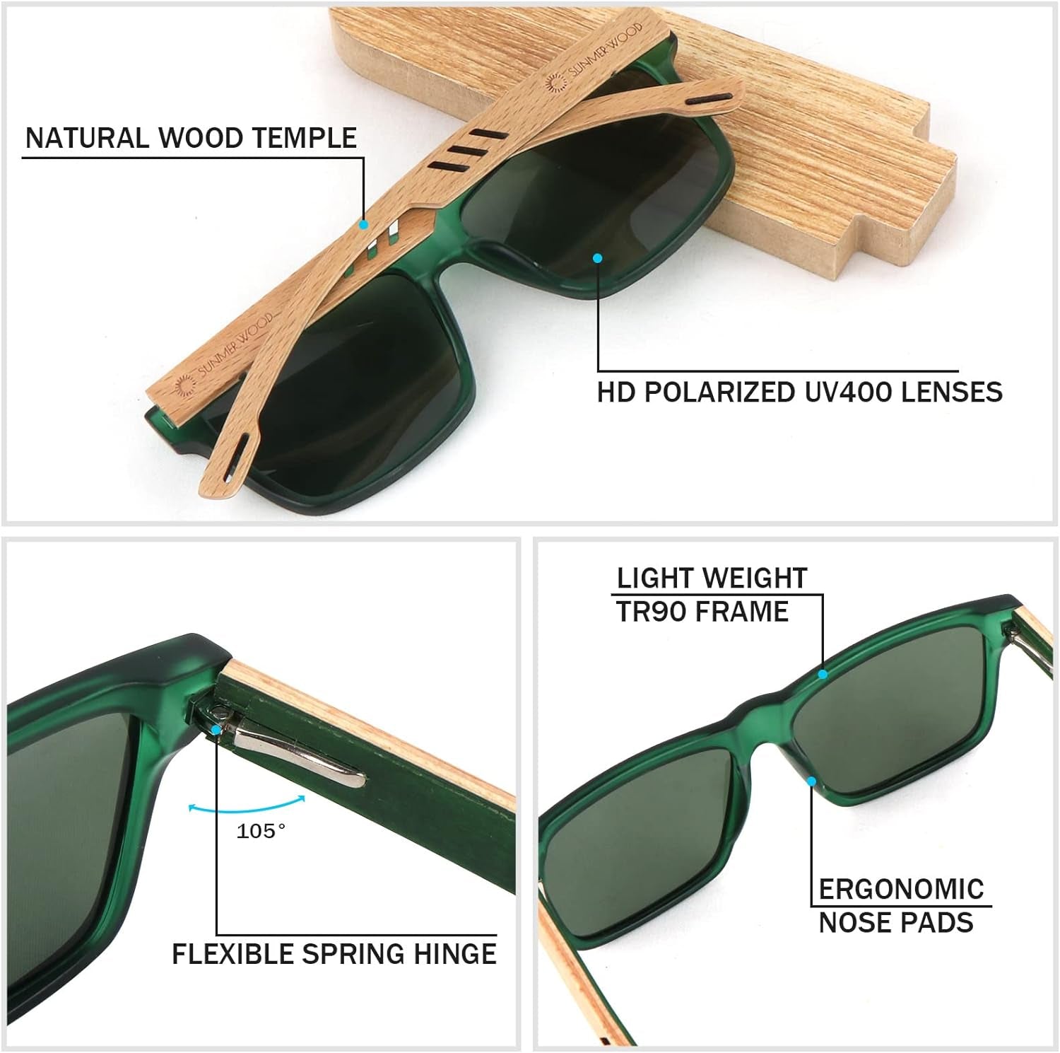 Wood Sunglasses for Men and Women Vintage Polarized Lenses Uv Protection Bamboo Wooden Sun Glasses